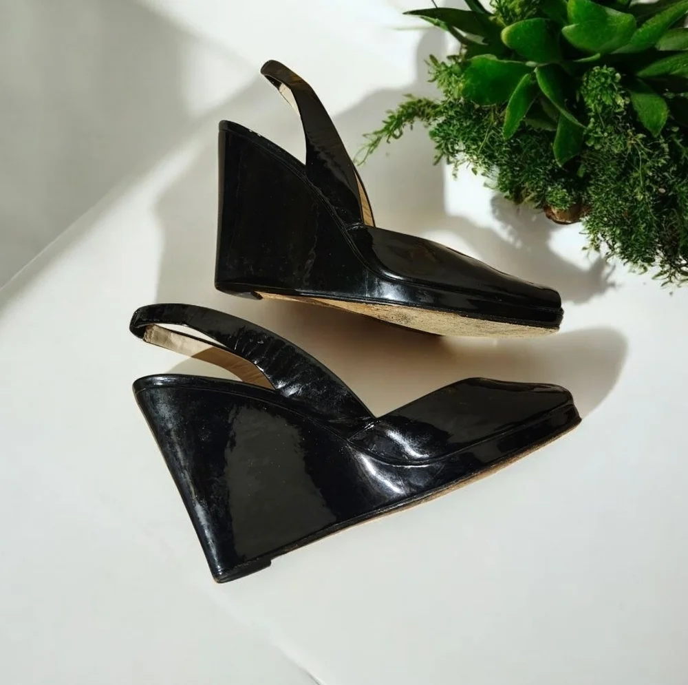 Kors Michael Kors Black Patent Leather Slingback Wedges, Peep Toe, Size 10M